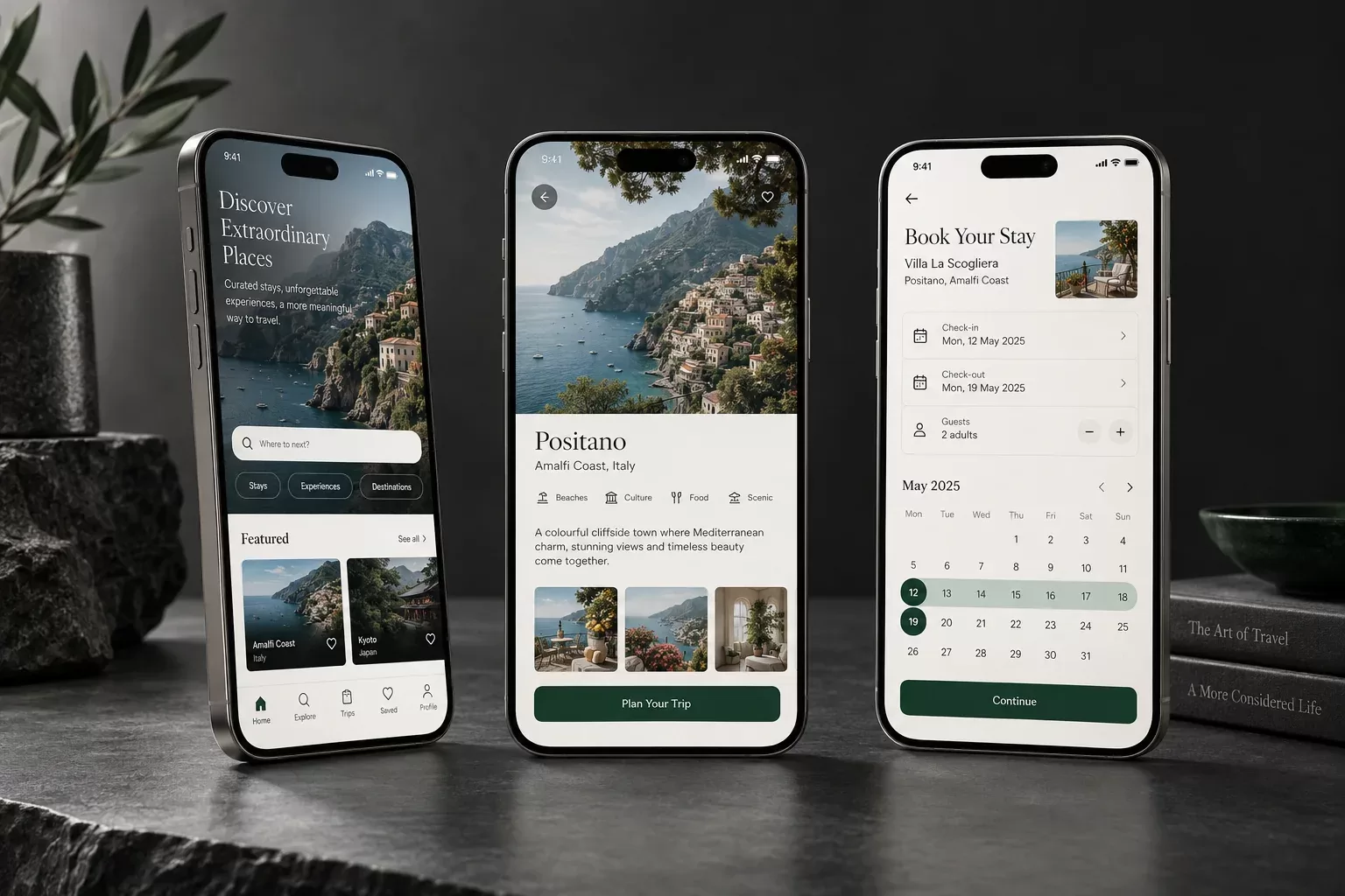Discovery, detail and booking screens of a mobile app on three smartphones
