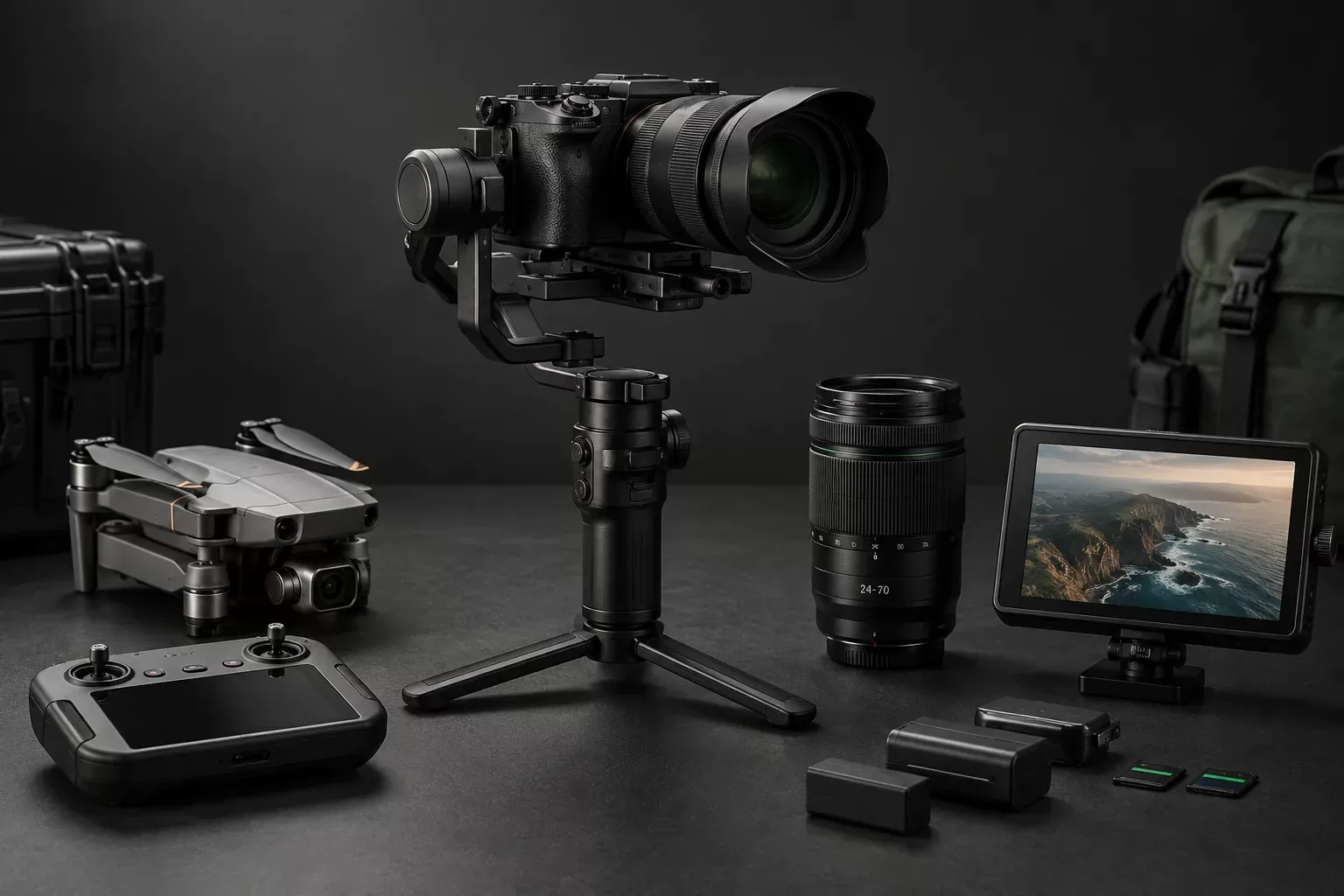 Production equipment including a camera, gimbal, drone and field monitor